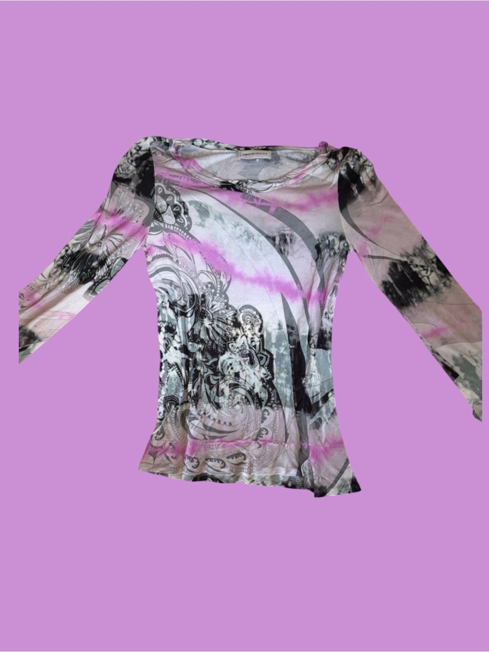 Emilio Pucci Pink, Gray & Black Printed Long-Sleeve Scoop Neck Top